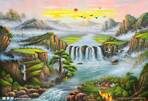 油画风景 漂亮的山水油画设计图 psd分层素材