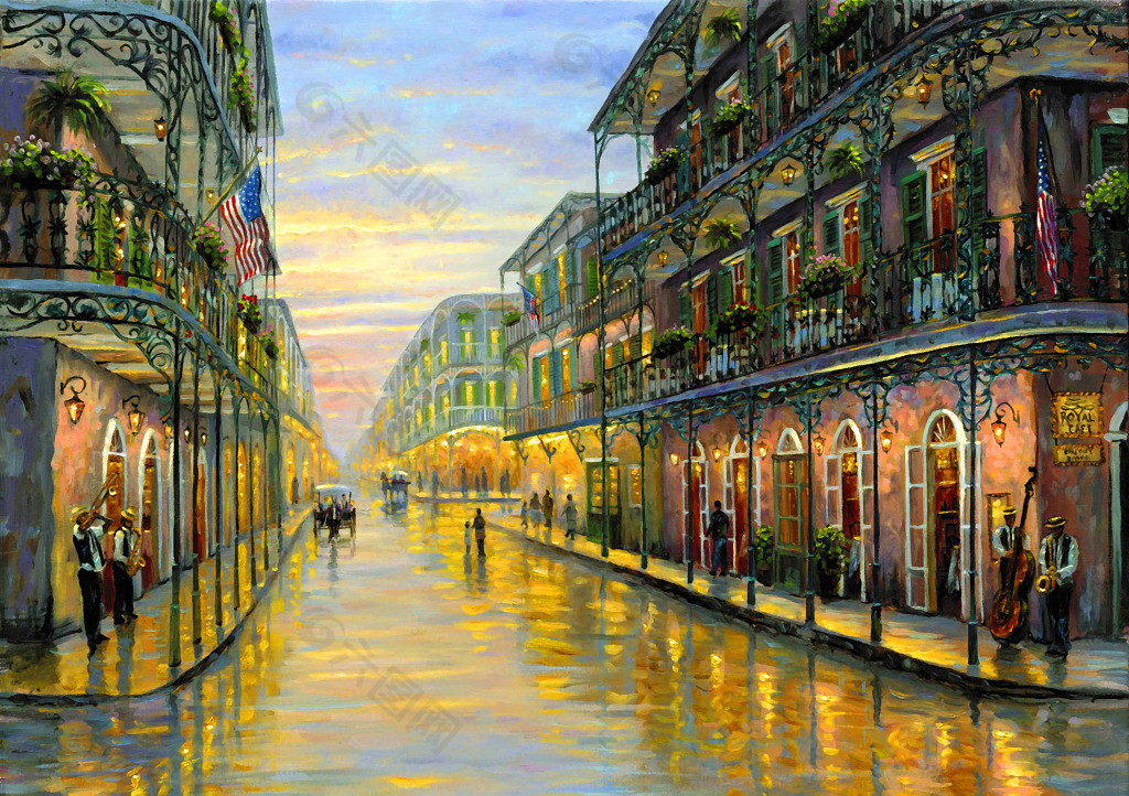 小镇街景油画装饰装修素材免费下载(图片编号:3610768)-六图网
