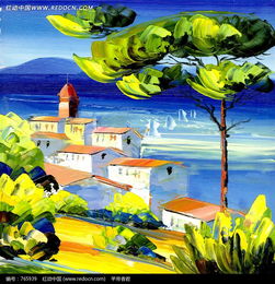油画海边的房屋的树木图片免费下载 红动网