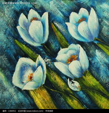 抽象画 蓝色背景前的绿叶和白色花朵